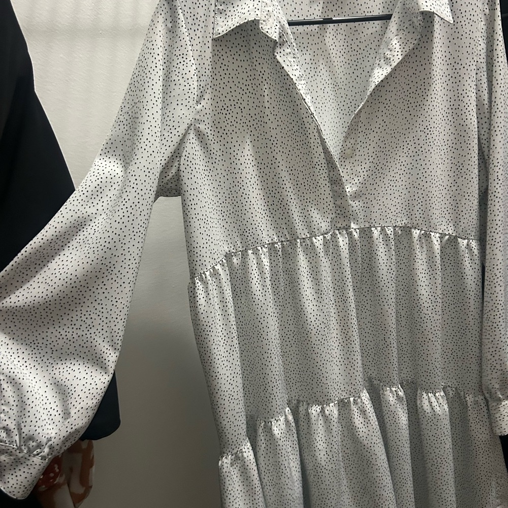 Express White Tiered Collared Dress with Bishop Sleeves